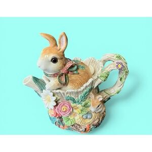 Fitz & Floyd Woodland Spring Rabbit Teapot Floral Spring Easter Cottagecore